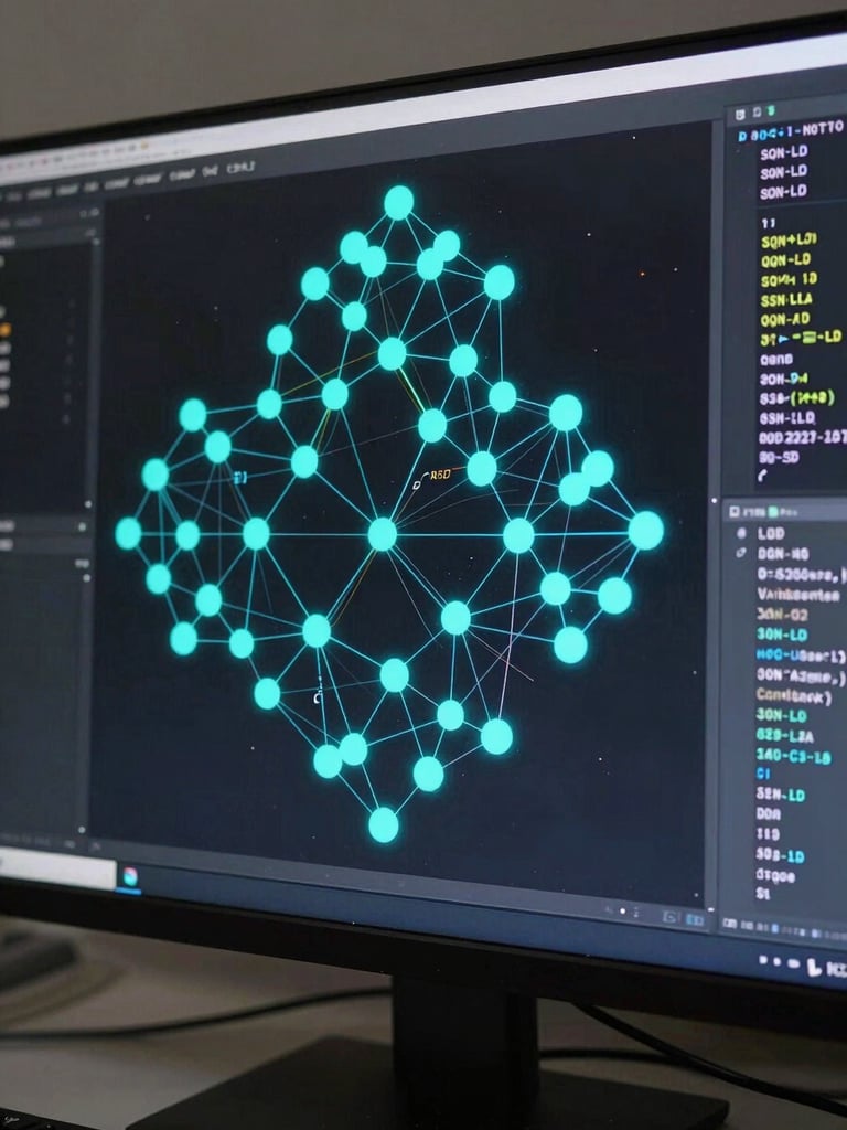 Wide-frame close-up of a semantic knowledge graph rendered on a dark monitor — glowing cyan node clusters connected by labeled relationship edges, structured JSON-LD schema visible in a side panel, high-key studio lighting, technical precision, no people