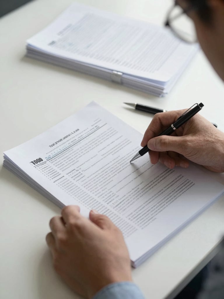 Close-up of an advisor's hands turning a page of a detailed tax planning document on a clean desk, a pen resting nearby, soft natural light from the right, organised papers in soft focus behind