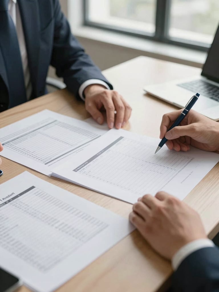 Wide shot of an organised office desk under natural window light, financial planning documents and a printed spreadsheet spread across the surface, an advisor's hands resting on the papers, navy pen in hand, off-centre to the right, calm and focused atmosphere