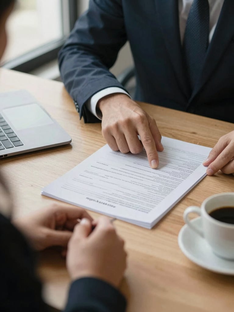 Close-up of two people at a consultation table, one advisor's hand pointing to a printed tax scenario document, client's hands visible beside a coffee cup, natural office daylight from the left, papers and a laptop partially in frame, serious and attentive mood