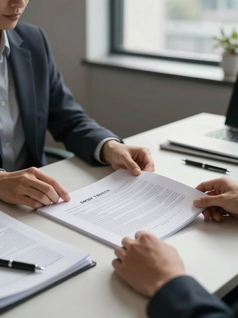 Wide shot of a professional advisor's desk, hands resting on open SMSF trust deed documents under soft natural window light, organised papers and a pen, Melbourne office interior background slightly out of focus