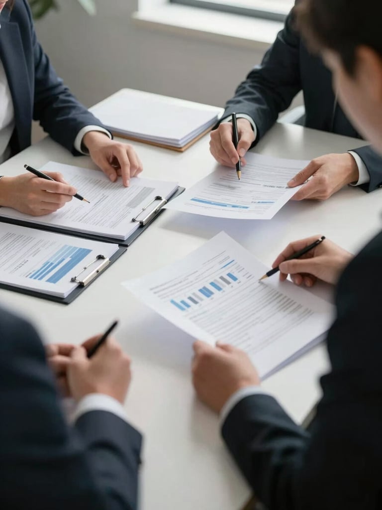 Wide shot of a focused advisory office, two professionals reviewing printed financial documents on a clean desk under soft natural daylight, papers and folders organised neatly, no faces visible, calm and attentive atmosphere