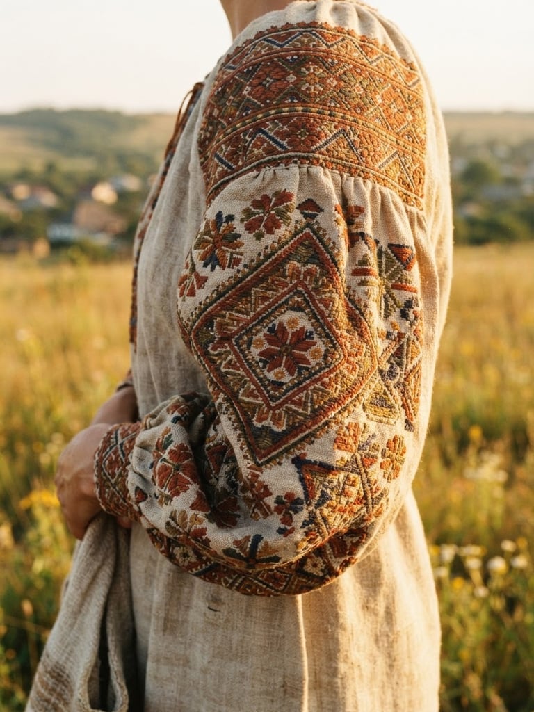 Close-up of traditional Ukrainian hand-woven textile patterns on a sleeve, warm golden-hour light, rich earth tones, authentic folklore details, 35mm