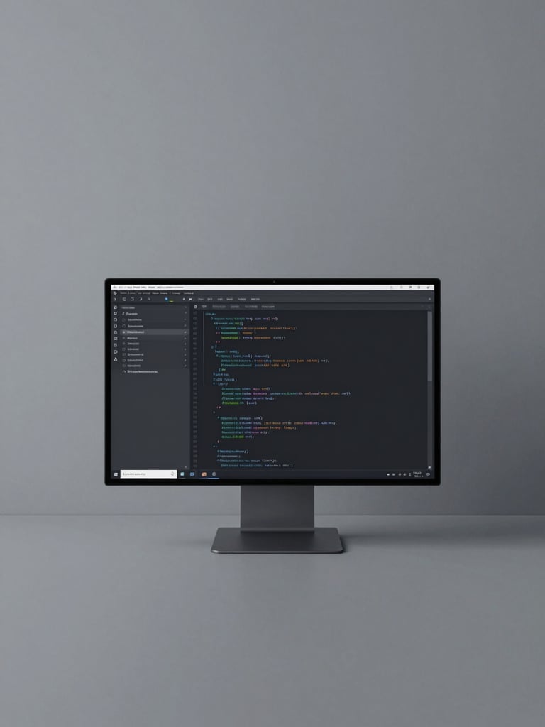 Minimalist clean workspace with a single high-end monitor displaying clean code, soft cool-toned studio light, desaturated slate and charcoal tones, 35mm