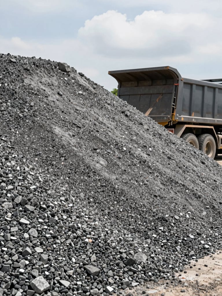 Close environmental shot of a large gravel pile at a job site, rough aggregate texture filling the frame, a dump truck tailgate visible at the edge mid-unload, full daylight, overcast sky, no people