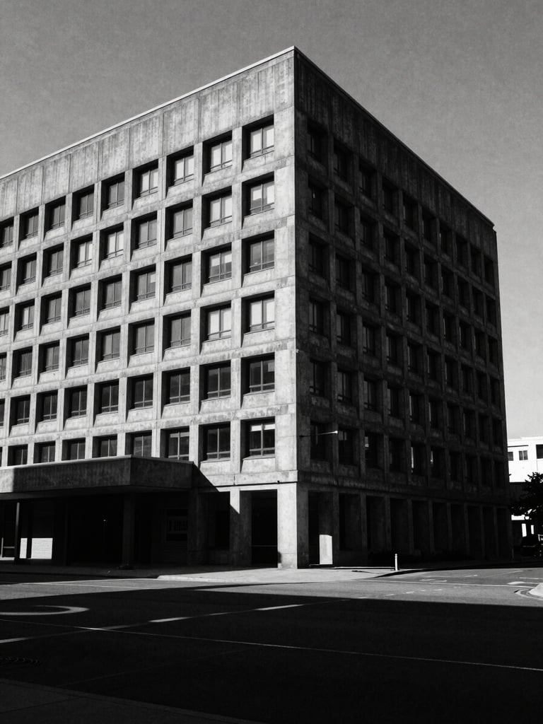 Wide imposing brutalist concrete corporate headquarters casting a long dark shadow, harsh overhead sunlight, high-contrast black and white photography