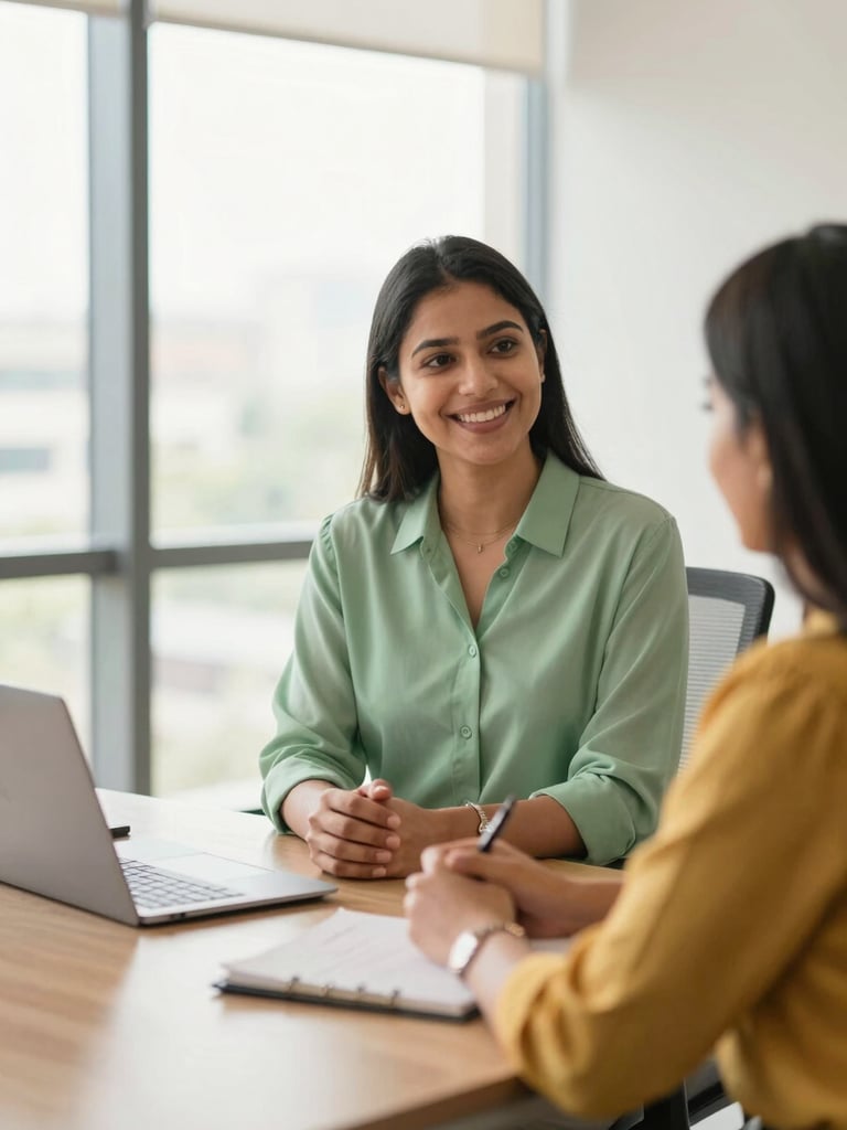 A professional, warm interaction between an advisor and a client in a bright, modern office in Mumbai, natural daylight, 35mm lens, soft corporate green and gold tones