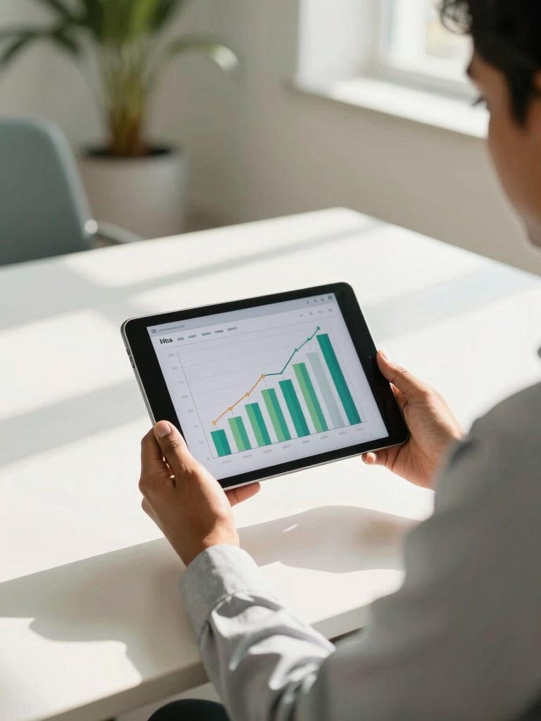 A professional Indian advisor in a bright, modern workspace, holding a digital tablet showing clean growth charts, warm natural daylight with soft shadows