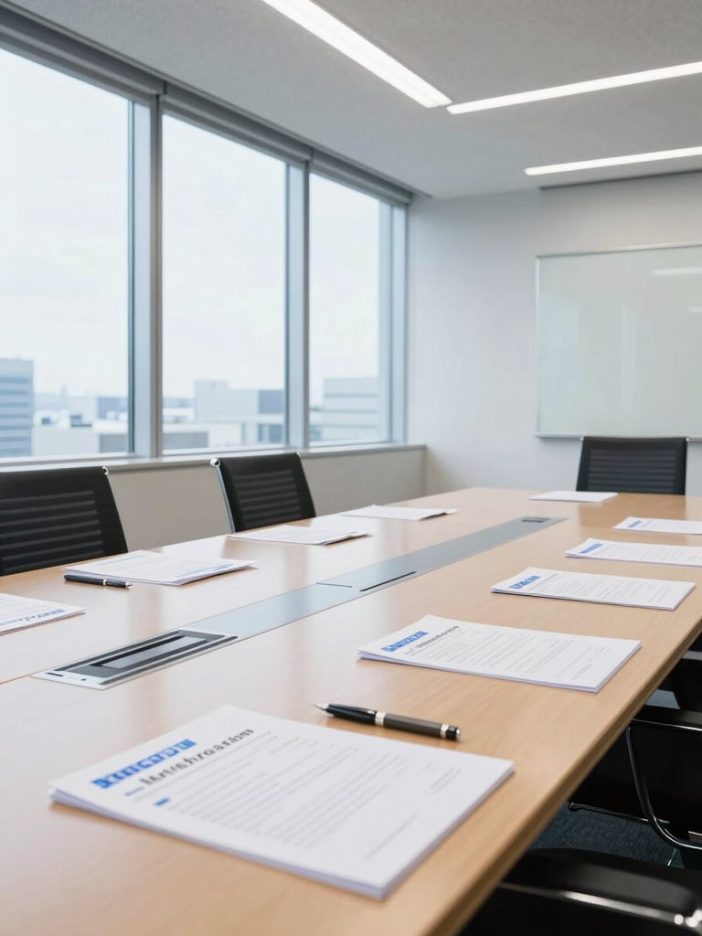 A bright, professional meeting room in Kanagawa, Japan, with clean glass windows, corporate documents on a wooden table, and natural daylight, 35mm photography.