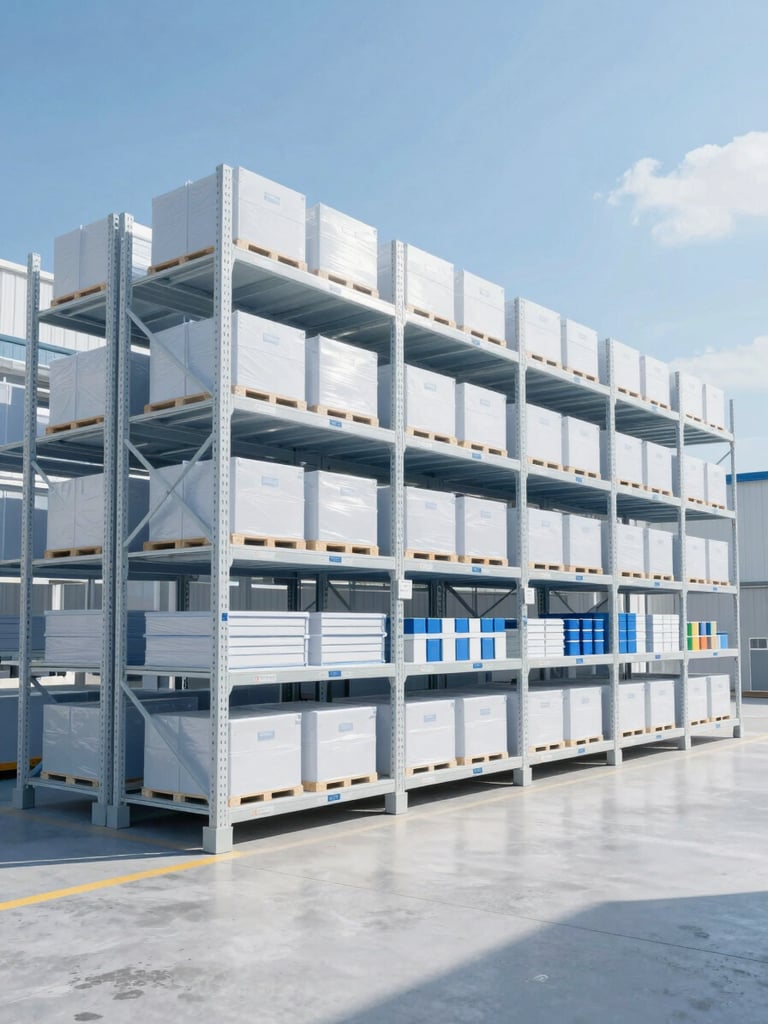 Clean organized modern warehouse facility in Kanagawa, high-quality shelving, professional logistics environment, cool blue tones, daylight