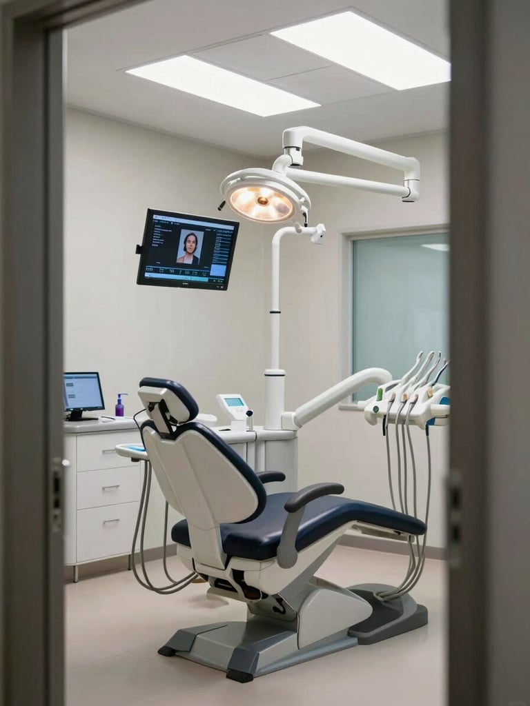Environmental wide shot of a dental treatment room from the doorway, modern operatory chair, mounted monitors showing patient management software, clinical overhead lighting, no staff or patients visible
