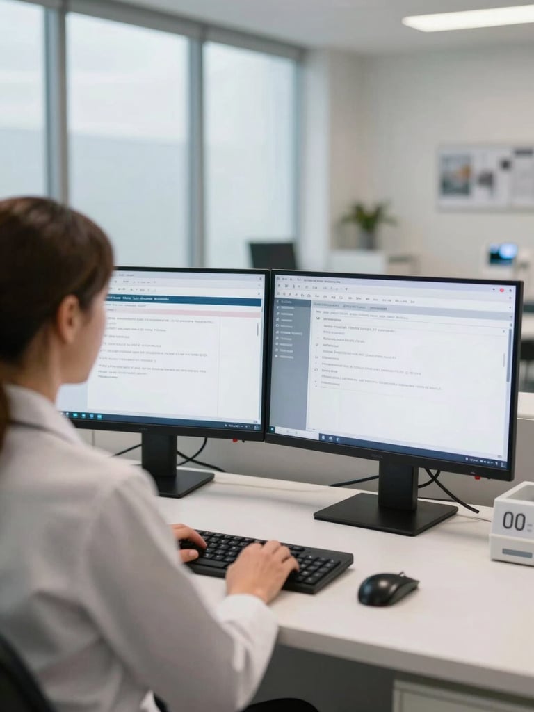 Over-shoulder view of a dental office manager at a front desk workstation, dual monitors showing a practice management software dashboard, clean clinical interior visible in background, neutral daylight through large windows