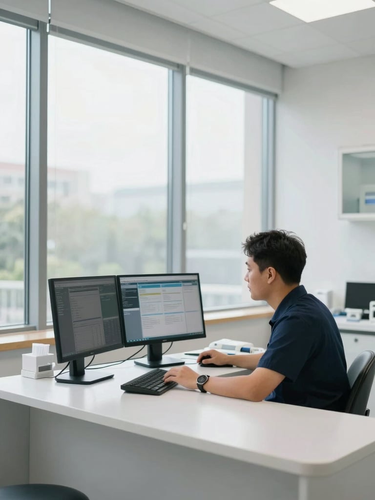 Wide-angle view of a dental practice front desk, staff member reviewing a dashboard on a monitor, natural clinical daylight through large windows, clean white surfaces visible