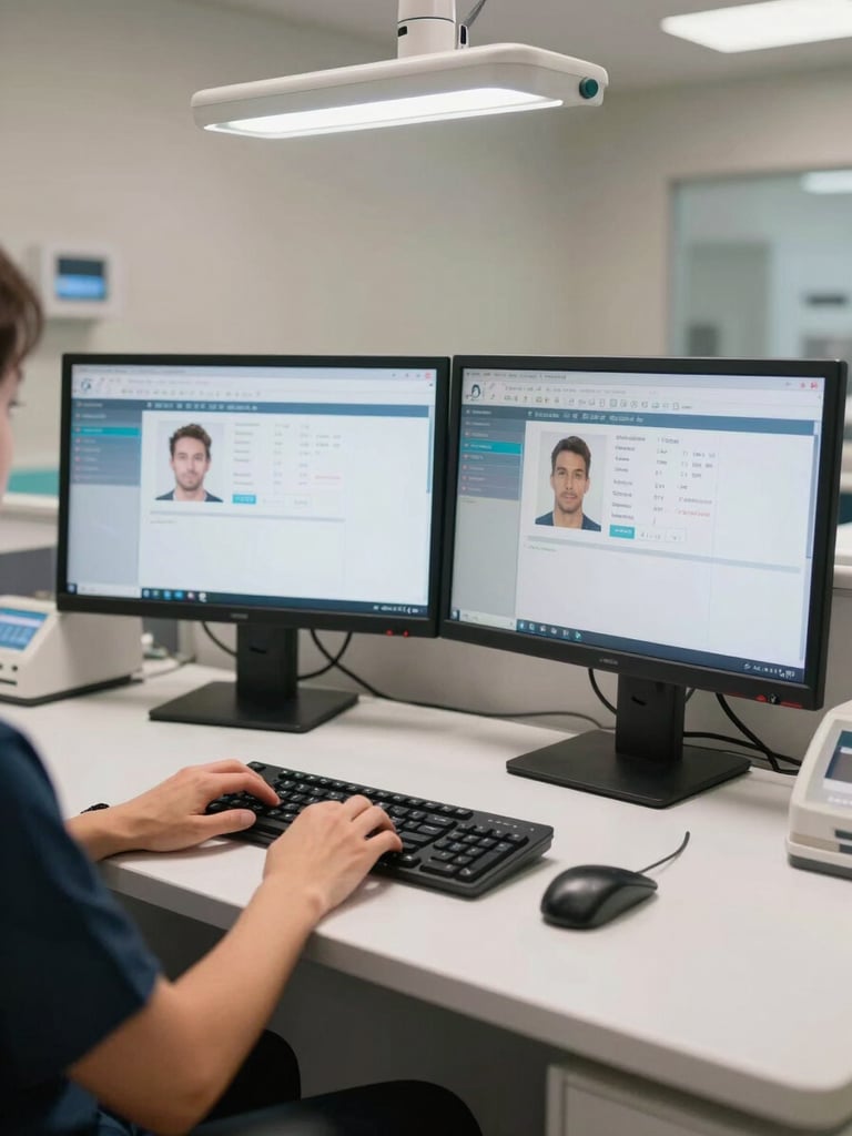 Wide shot of a dental practice front-desk workstation, dual monitors displaying patient management software, staff member's hands on keyboard, clinical overhead lighting, clean and organized desk surface, no visible faces