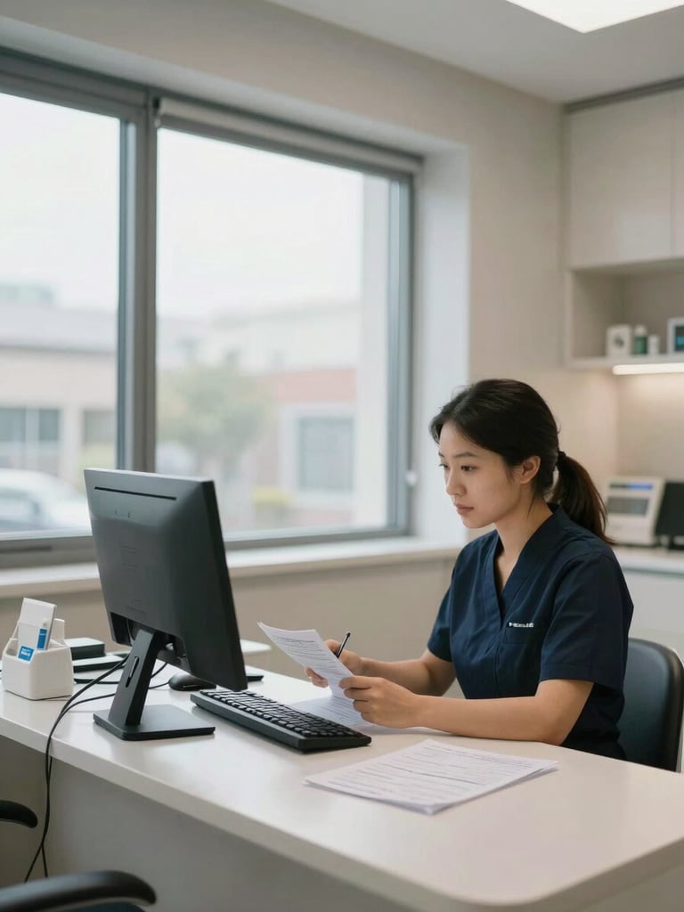 Wide shot of a modern dental practice front desk, staff member reviewing patient records on a desktop monitor, neutral clinical daylight through large windows, operational and calm, no faces visible
