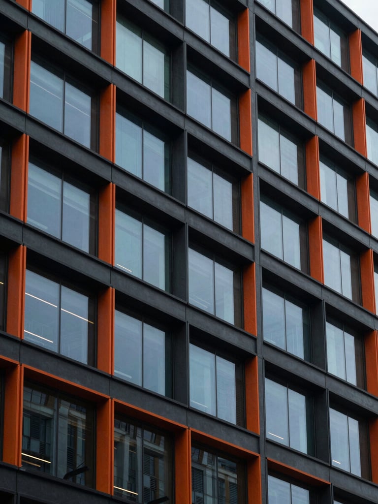 Modern architectural commercial building exterior, crisp daylight, focus on structural lines and clean glass