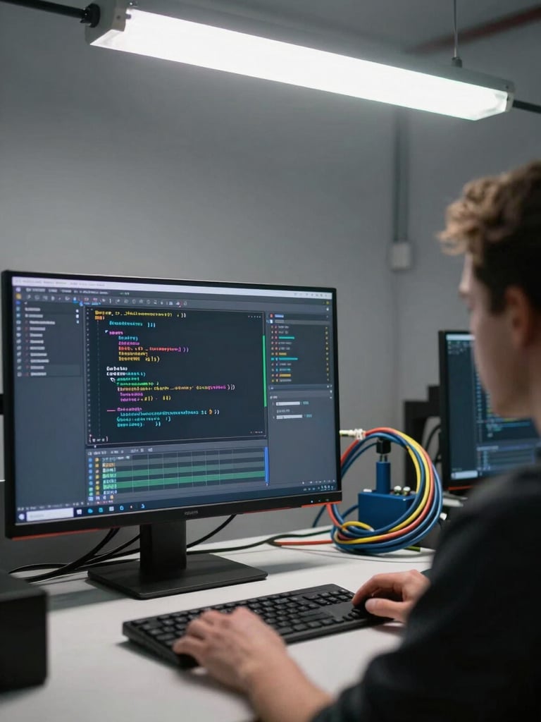 Wide over-the-shoulder view of a workbench, a monitor displaying a live SQL diagnostic query in the foreground, ethernet cables coiled mid-run to the right, shop fluorescent light overhead, utilitarian gray walls, no people visible