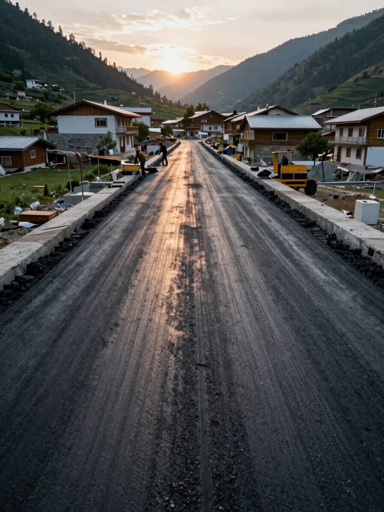 Close ground-level view of a completed road and drainage infrastructure project in a Himalayan valley, freshly laid tarmac leading toward a cluster of buildings, golden afternoon light casting long shadows, local workers visible in the middle distance inspecting the surface, green hillsides framing the scene