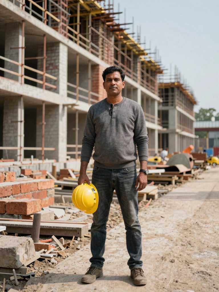 Close environmental portrait, Manoj Dahal standing at the edge of a construction site, hard hat in hand, natural daylight from the left, raw brickwork and scaffolding filling the background, long sightline showing scale of the build behind him