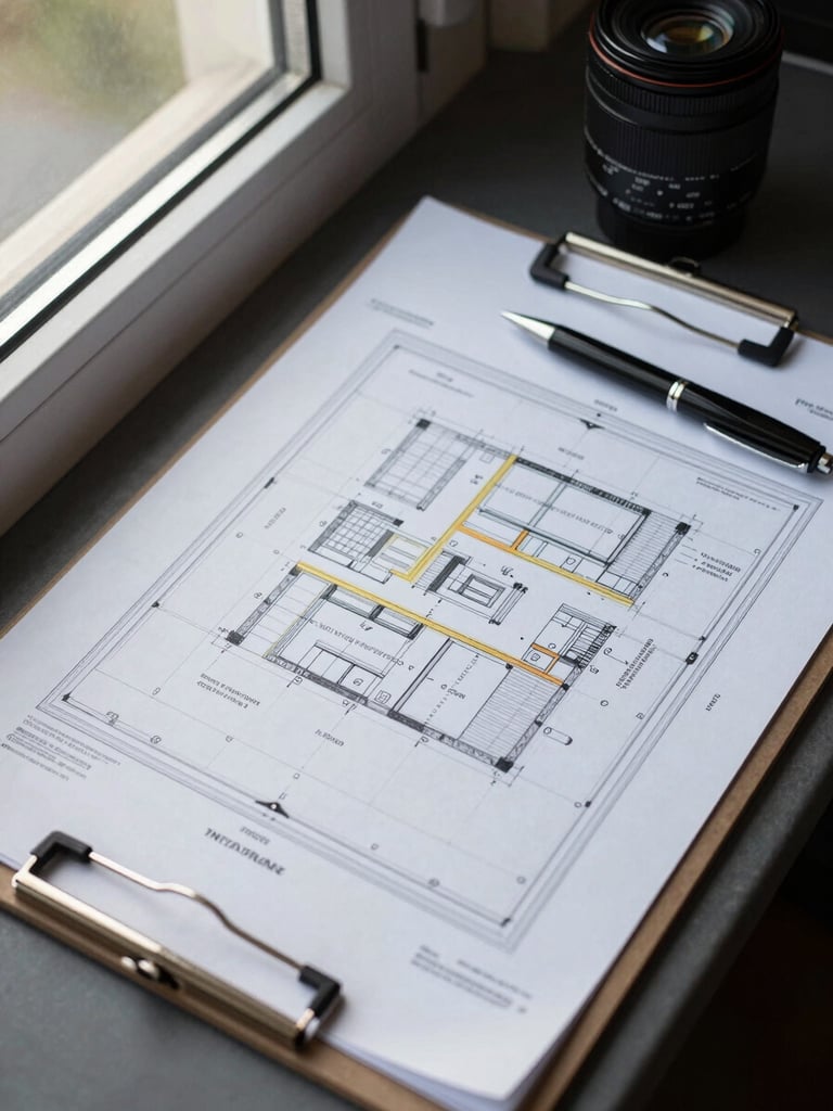 Close overhead view of a site assessment floor plan spread on a table, threat zones marked in pencil, natural window light from the left, clipboard and pen resting beside the document
