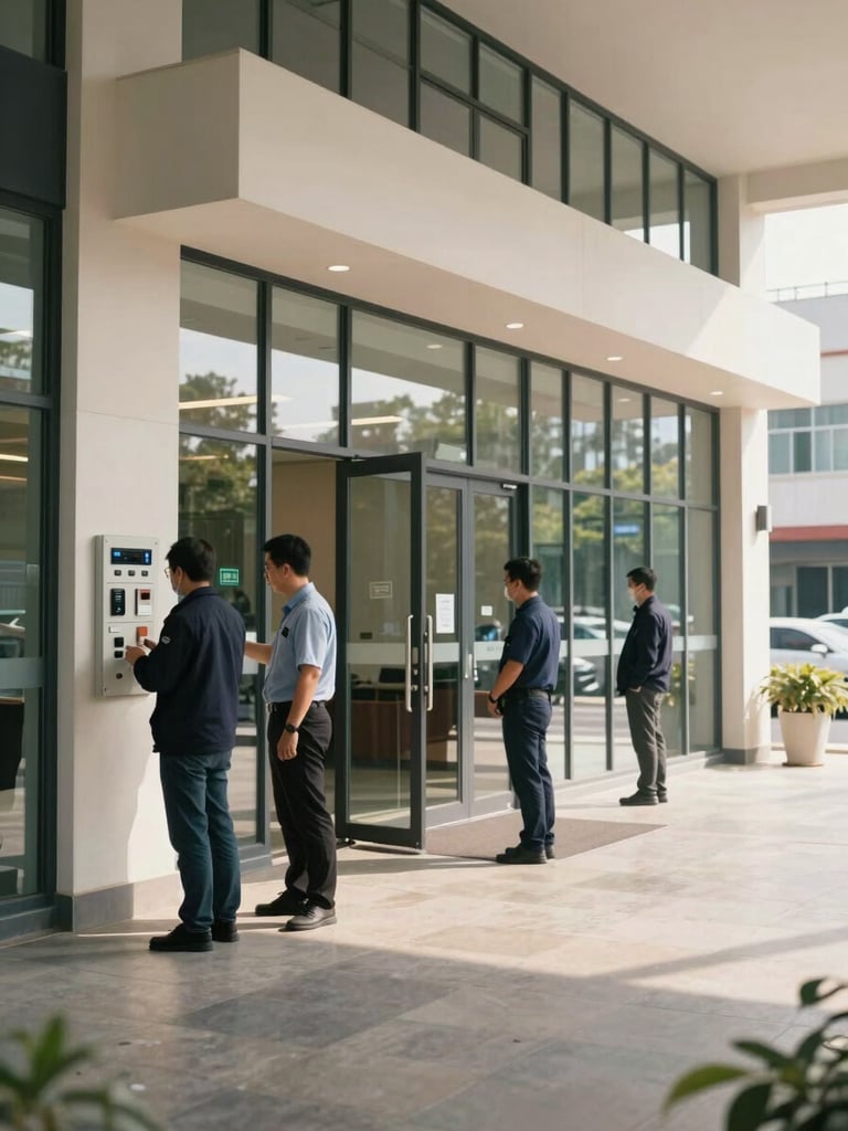 Wide environmental shot of a commercial building entry point at midday — security assessment in progress, consultant reviewing access control panel on the left third, open lobby sightlines extending to the right, natural daylight through glass facade, neutral interior tones, no people posing