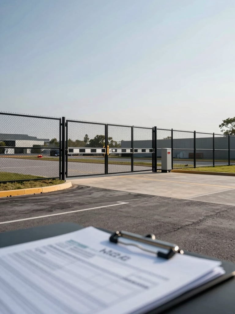Wide shot of a perimeter fence line at a commercial asset site, access gate in the centre third, daylight casting even light across the exterior, documentation folder visible in the foreground