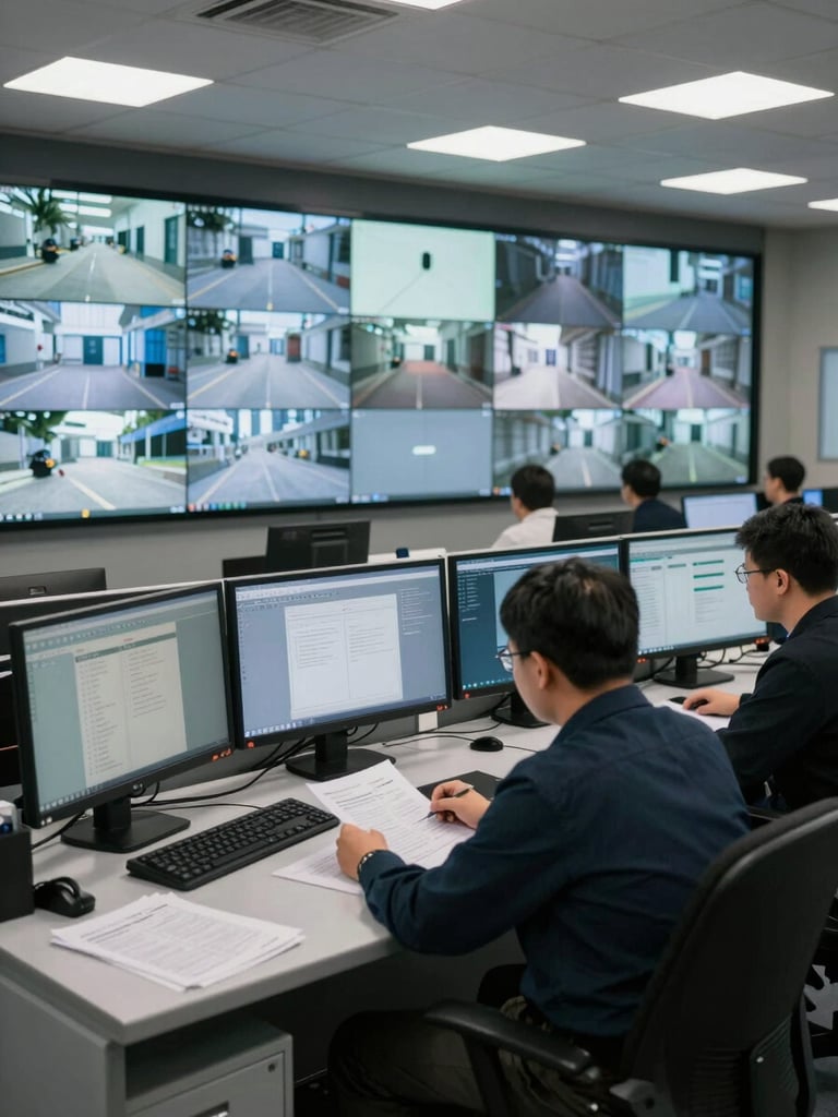 Interior of a security control room, monitors displaying entry-point feeds, operator seated at desk reviewing documentation, controlled office lighting, clear sightlines across the room