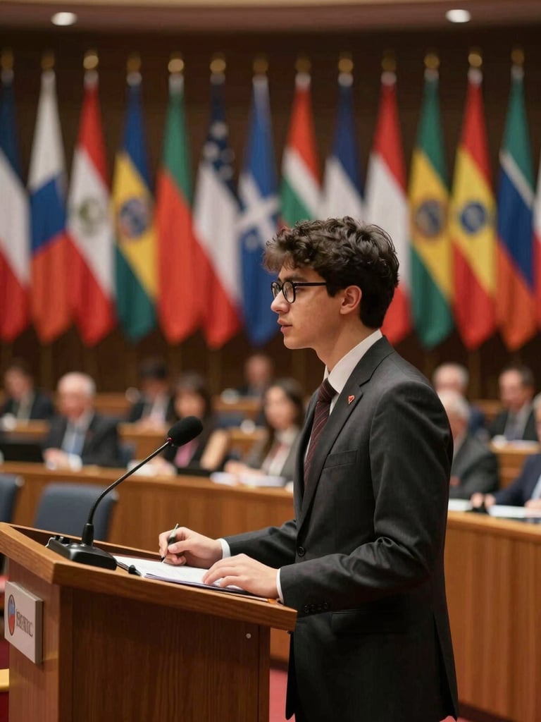 Dynamic wide-angle shot of a student delegate speaking at a podium, warm dramatic lighting, blurred background of a large assembly hall with international flags.
