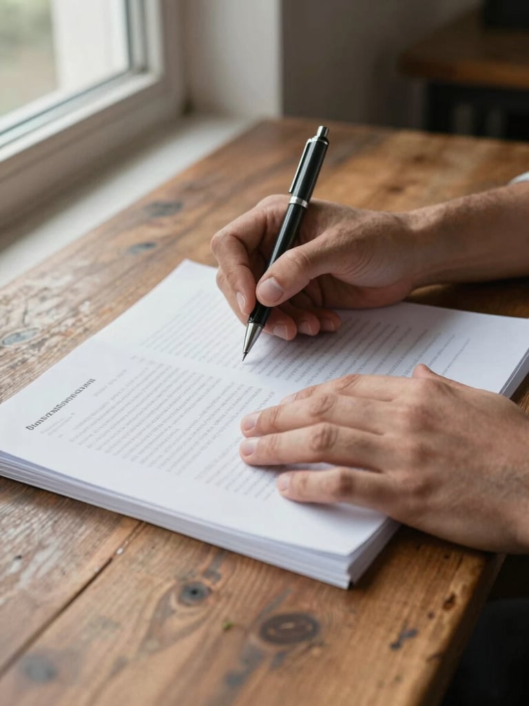Close-up of two hands resting over open documents on a worn wooden table, one hand holding a pen mid-annotation, quiet north-facing daylight from a window to the left, paper texture visible, no faces