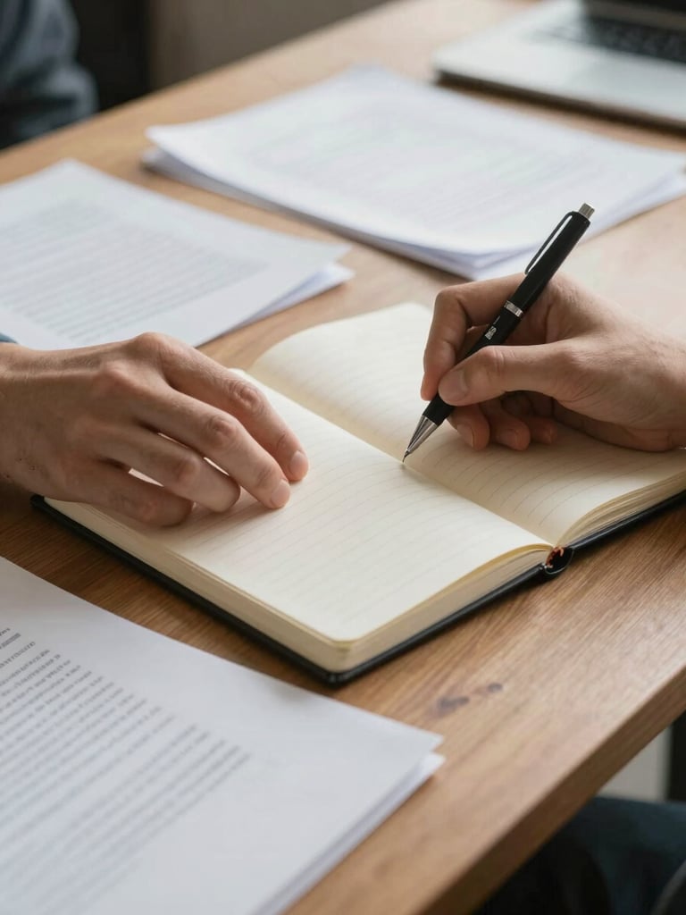Close environmental shot of hands resting on an open notebook, a pen mid-sentence, papers and printed briefs spread across a desk under diffused north-facing daylight, warm grain in the wood visible, no face shown, taken during actual working session