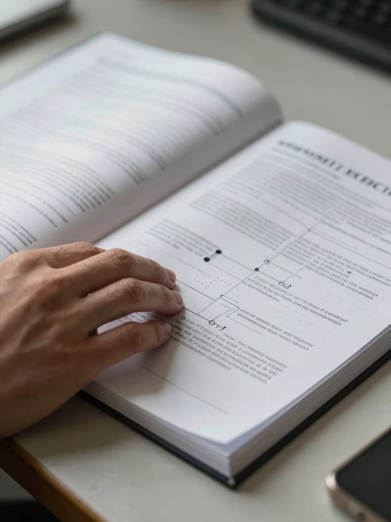 Close-up of a hand resting on an open strategy document on a worn desk, north-facing daylight from left, ink annotations visible, shallow depth of field