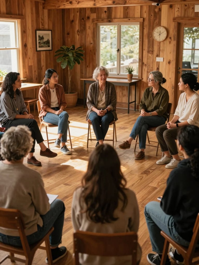 A supportive group counseling session in a warm, wood-accented community space, diverse participants listening attentively to an elder speaking, soft natural light.