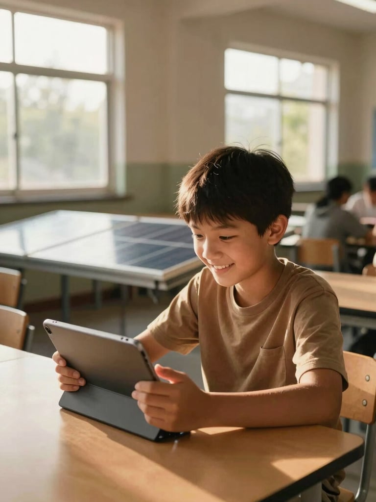 A young student smiling while working on a tablet computer inside a bright, solar-powered learning lab with warm natural light filtering through windows.