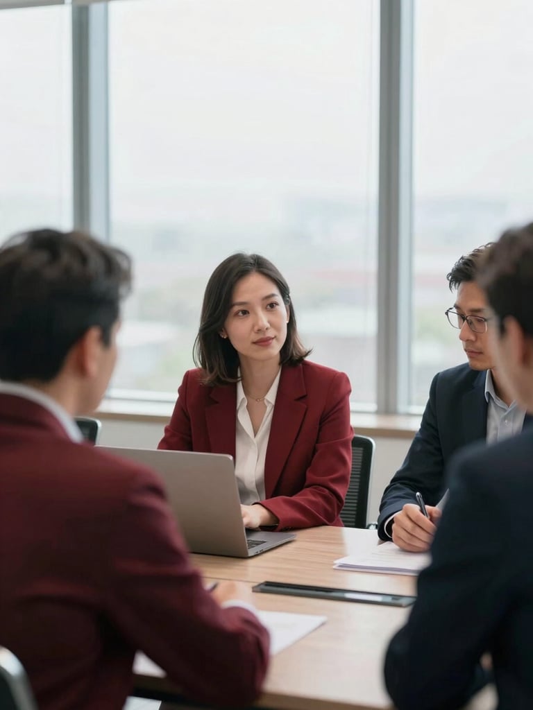 A collaborative operational review with focused executives around a table, soft overcast window light, professional and authentic, 35mm.