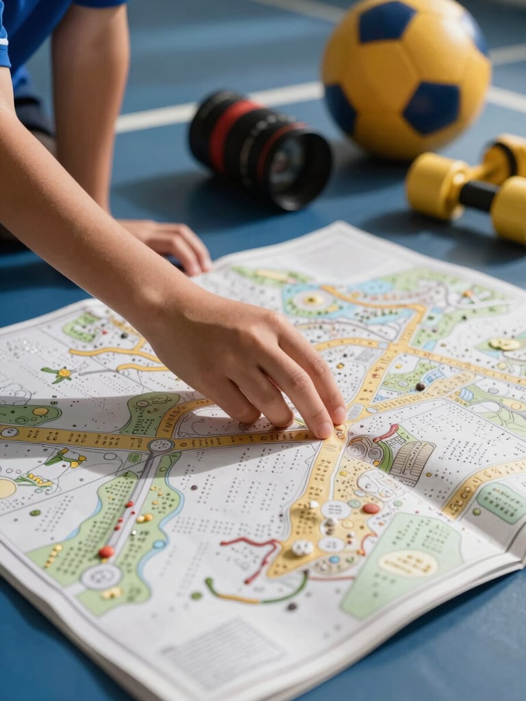 Hands of a young athlete feeling a Braille map and sports equipment in a brightly lit classroom, high-contrast, sharp tactile details.