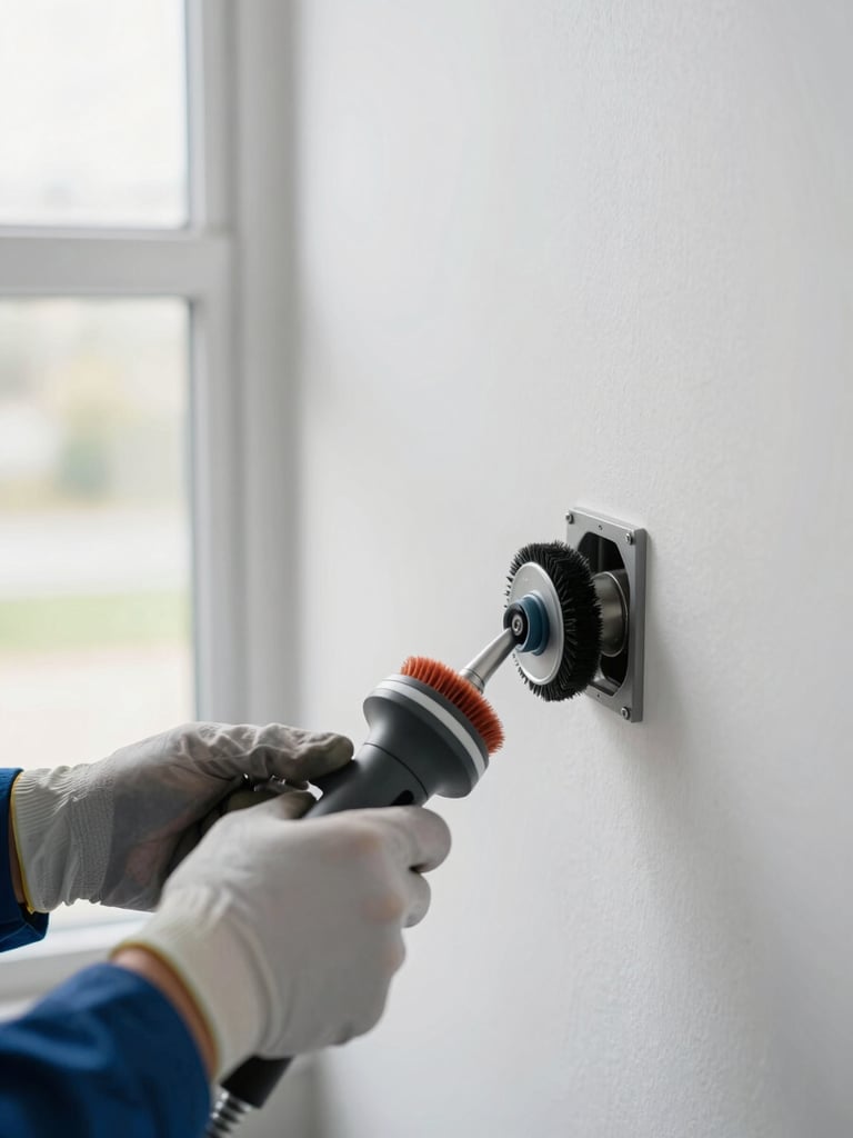 Wide-angle shot of a technician using a rotary brush system inside a residential laundry room, vent hose disconnected and tool inserted into wall port, bright indoor natural daylight from a nearby window, gloved hands visible, no face shown