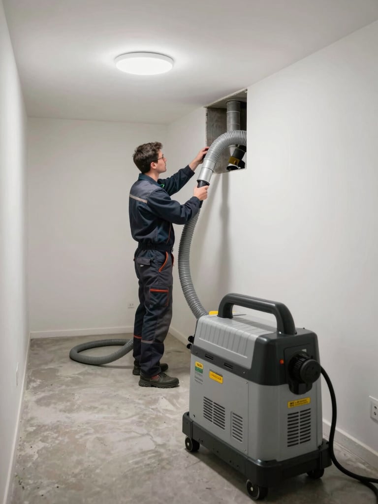 Wide-angle interior shot of a residential utility room, technician in work gear operating a high-powered duct cleaning machine, hoses running into wall duct opening, bright overhead lighting showing clean concrete floor and white walls, equipment detail sharp in foreground