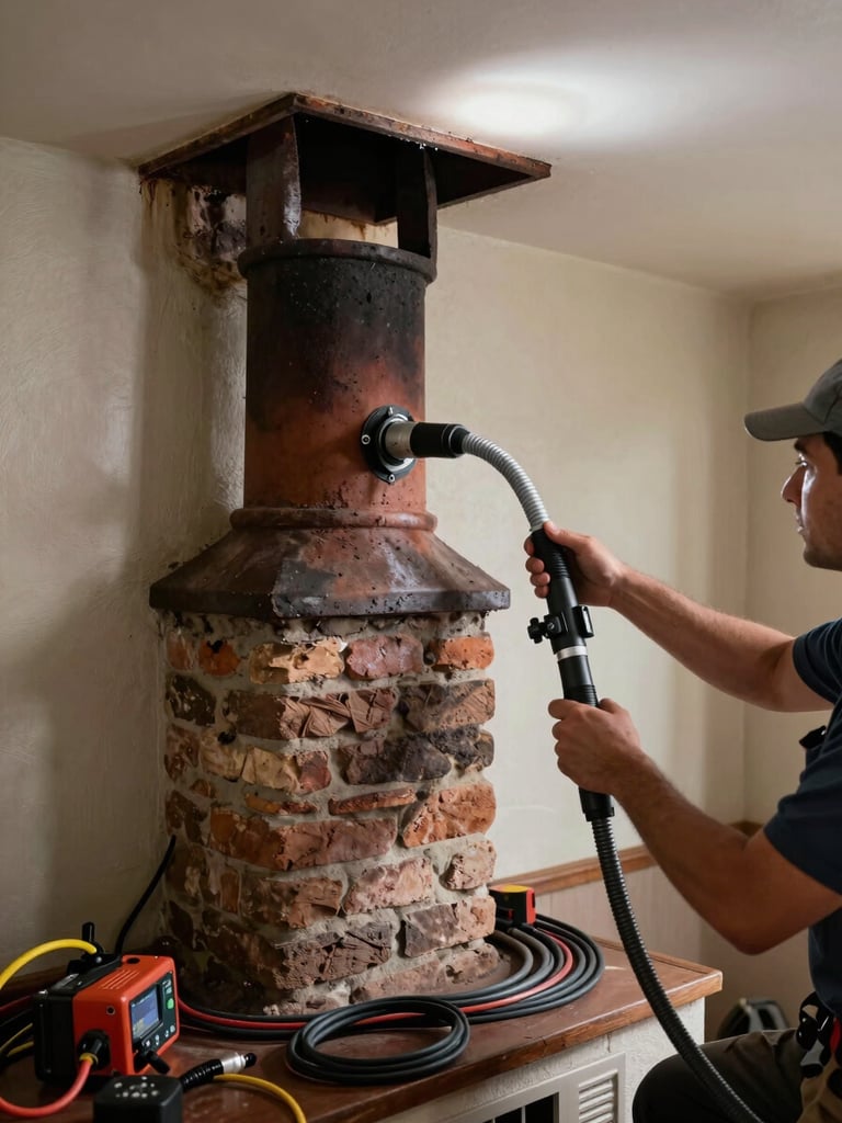 Wide shot of a technician inserting a flexible camera probe into a residential chimney flue from the firebox, bright work light illuminating the interior, tool cables and inspection equipment visible on the hearth floor, no face visible — focused on the hands and equipment