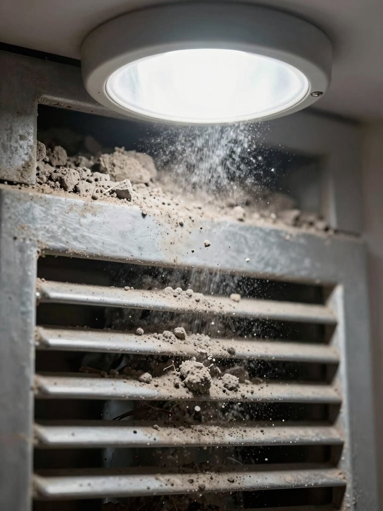 Extreme close-up of a residential air duct register packed with thick grey dust and debris, bright overhead work light illuminating the buildup in sharp detail, metal grille in foreground, dark duct interior visible behind the obstruction