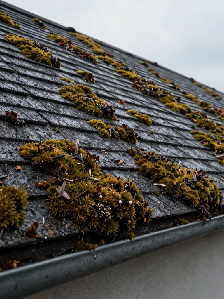Wide ground-level shot looking up at a residential roofline heavily covered in dark moss and organic debris, wet shingles with visible buildup along the lower edge, overcast daylight revealing texture and scale, no people