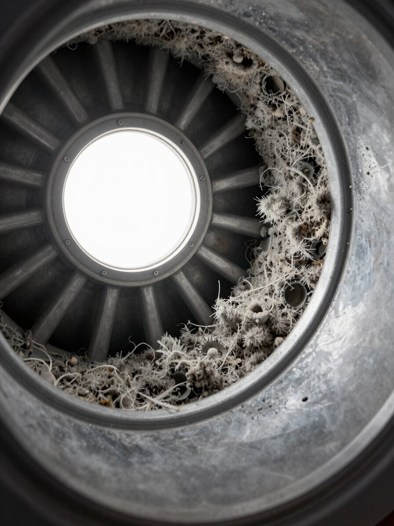 Close-up shot of a dryer vent interior cross-section packed with grey lint and debris, bright utility light illuminating the blockage detail, steel-walled duct walls visible, no human subjects