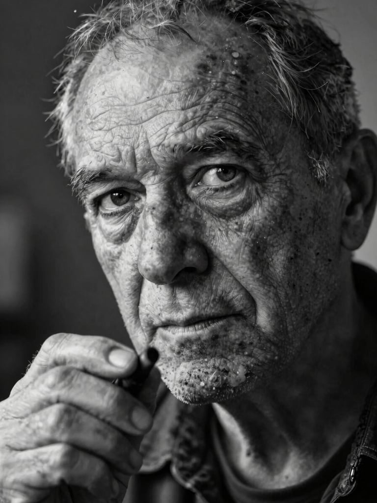Tight, high-contrast black and white portrait of an elderly painter, deep wrinkles around intense eyes, holding a charcoal stick, natural side lighting, dramatic shadow