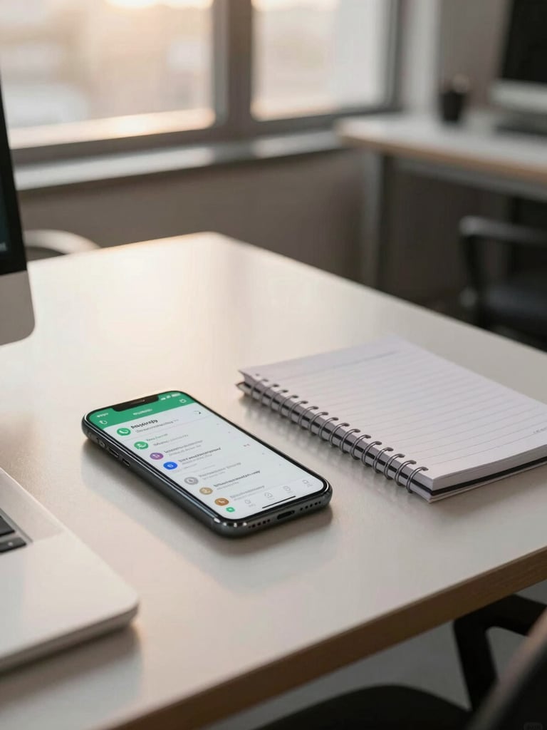 Wide shot of a clean site office desk with a phone showing a WhatsApp summary dashboard and a closed notepad beside it, warm afternoon work light through a window, no people visible