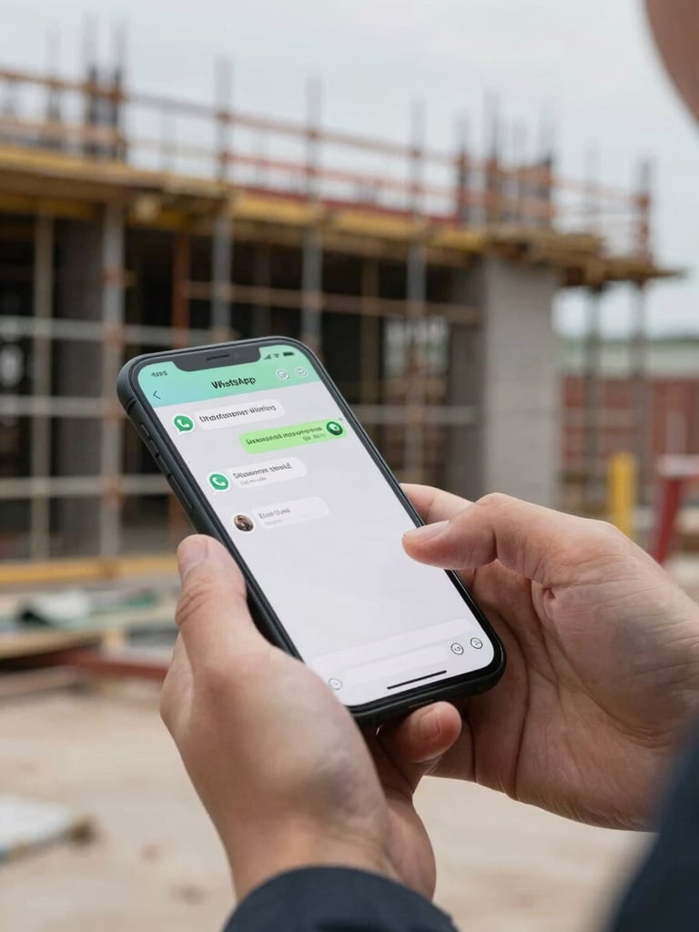 Close-up of hands typing a material order into WhatsApp on a smartphone, construction site background out of focus with scaffolding visible, overcast daylight, natural work environment