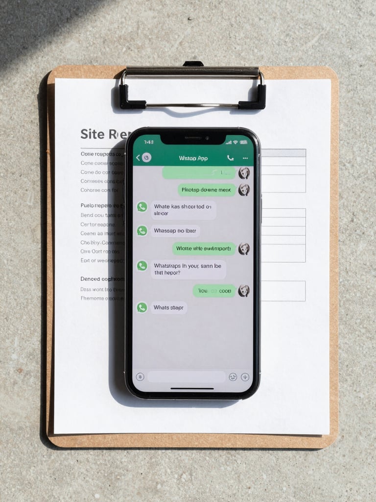 Overhead flat-lay of a phone on a construction clipboard showing WhatsApp messages being converted into a formatted site report, natural morning work light, clean concrete surface below
