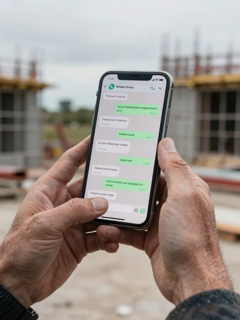 Close-up of weathered hands holding a smartphone showing a WhatsApp group chat with construction material orders and site update messages, overcast natural daylight, construction site background softly out of focus to the right