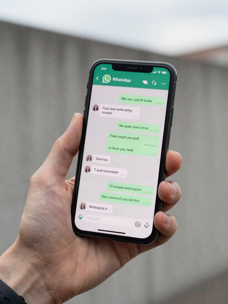 Close-up of a hand holding a smartphone showing a WhatsApp construction chat with material order messages, photographed against a blurred concrete wall in overcast daylight, screen clearly readable