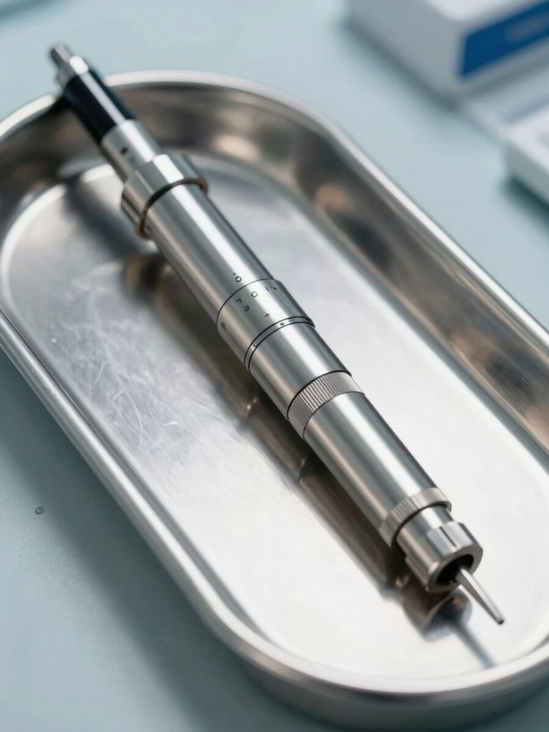 Macro shot of a high-precision clinical endoscope in a sterile medical tray, bright natural lighting, clean silver surfaces, professional medical equipment.