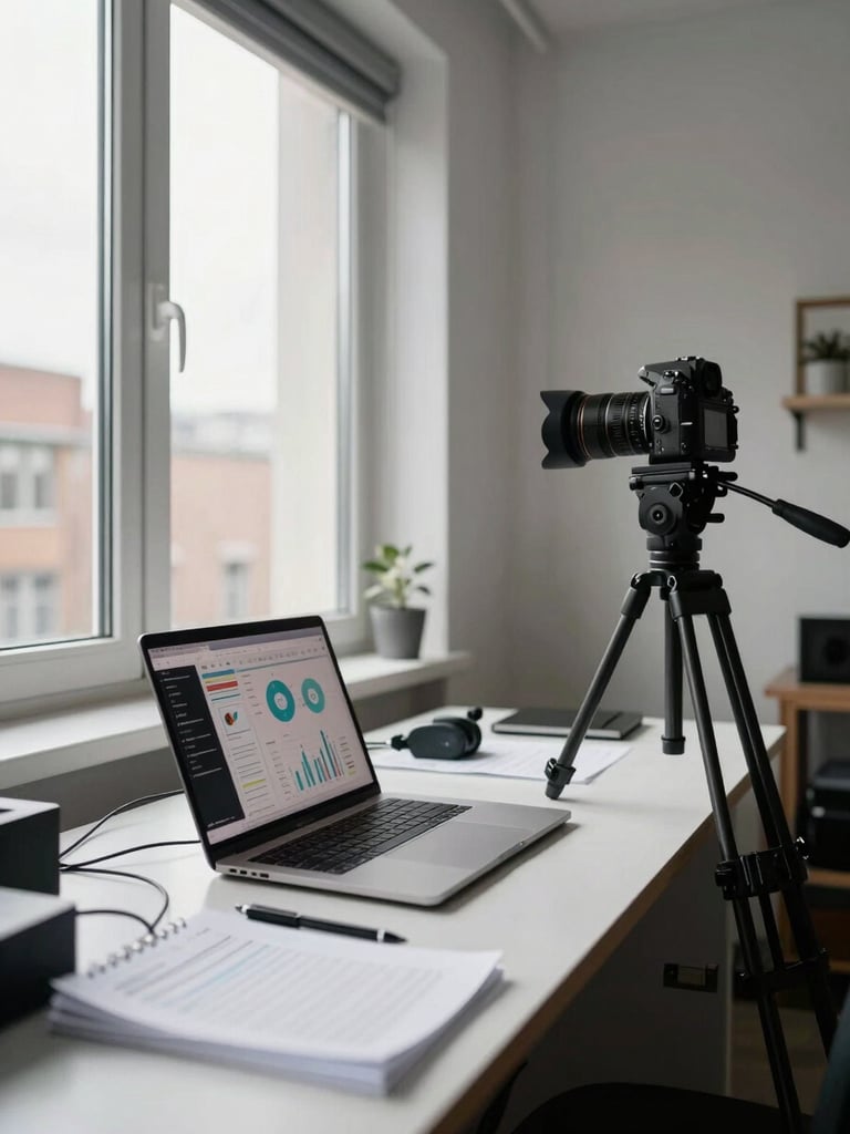 Wide environmental shot of a creator's studio workspace, camera on a tripod to the right third, a laptop showing an analytics dashboard open on a desk, natural daylight streaming from a large window left of frame, cables and briefing notes visible in foreground