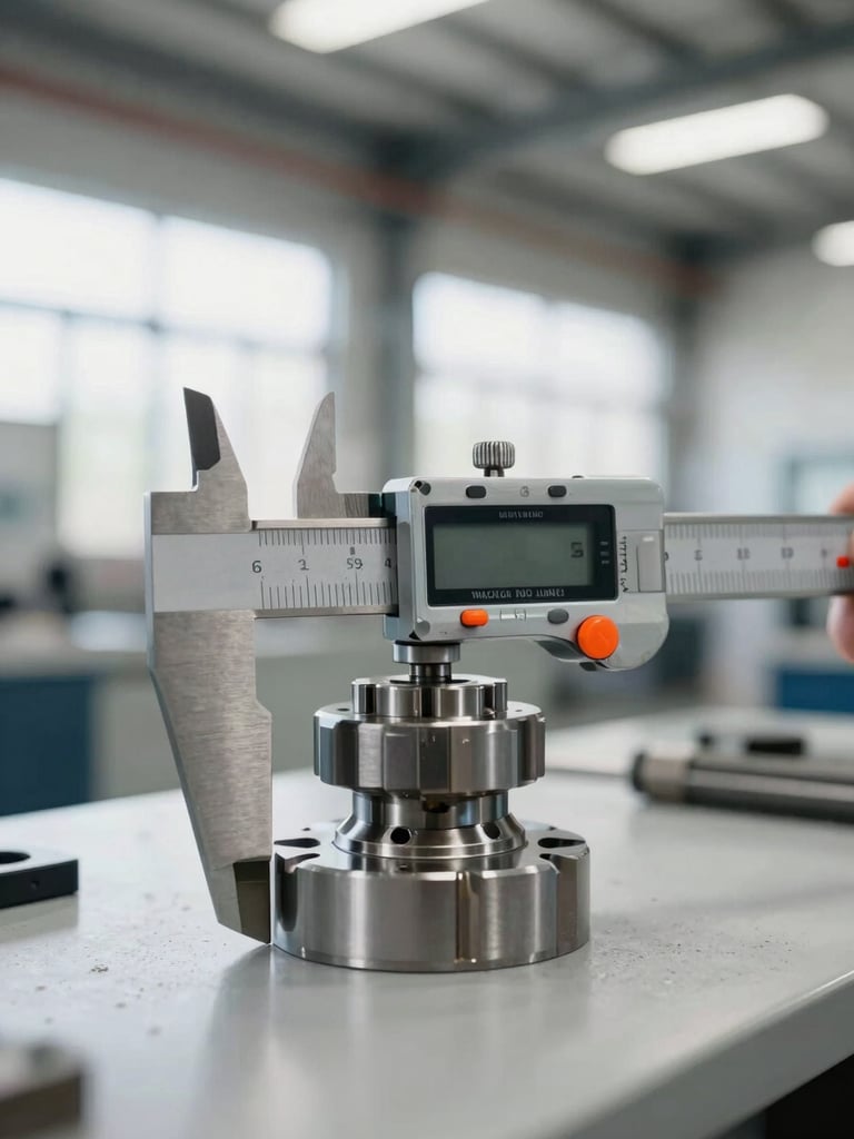 Industrial documentary photography, bright natural warehouse lighting, desaturated cool tones with safety orange accents, 35mm lens. Close-up of a precision digital caliper measuring a machined metal component on a factory floor, clean background.